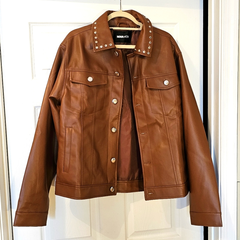 Boohoo Man Faux Leather Studded Collar Trucker Jacket - Brown
